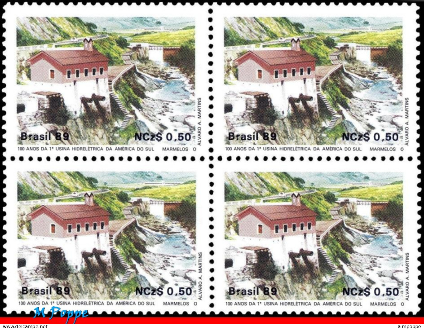 Ref. BR-2204-Q BRAZIL 1989 - 1ST HYDROELECTRIC SOUTHAMERICA, WATERFALL, MI# 2317, BLOCK MNH, ELECTRICITY 4V Sc# 2204 - Blokken & Velletjes