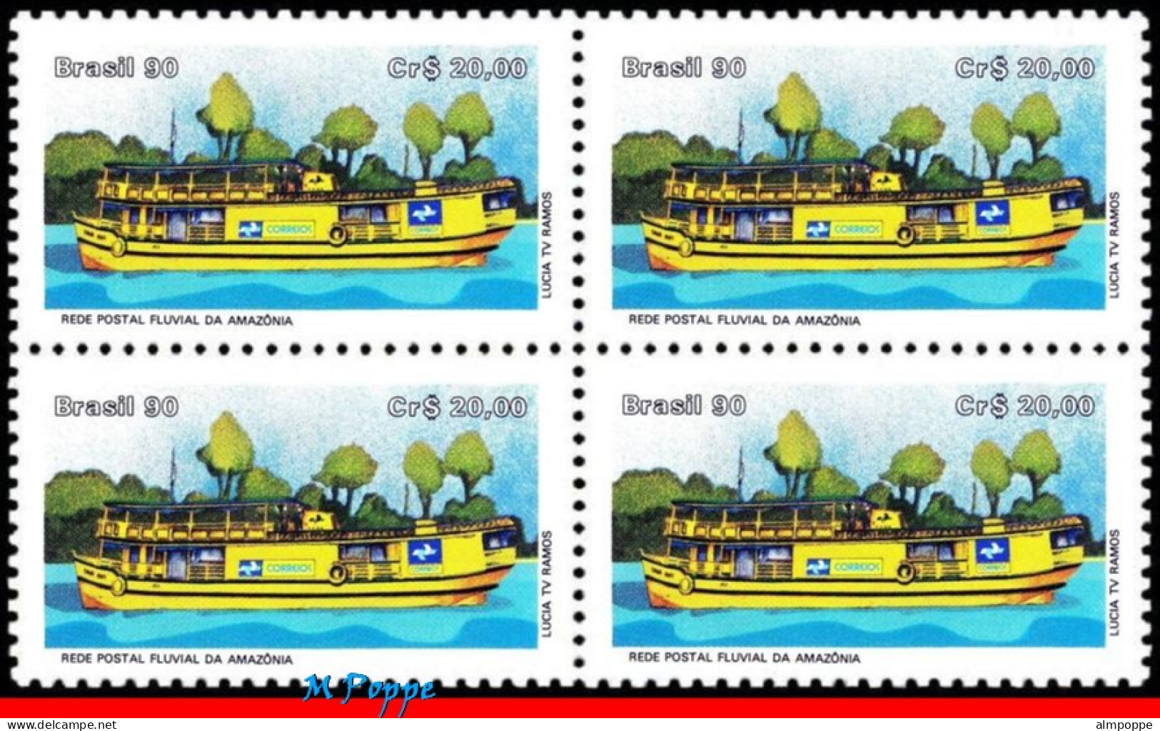 Ref. BR-2243-Q BRAZIL 1990 - AMAZON RIVER POSTALNETWORK, POST, MI# 2353, BLOCK MNH, SHIPS, BOATS 4V Sc# 2243 - Blocks & Sheetlets