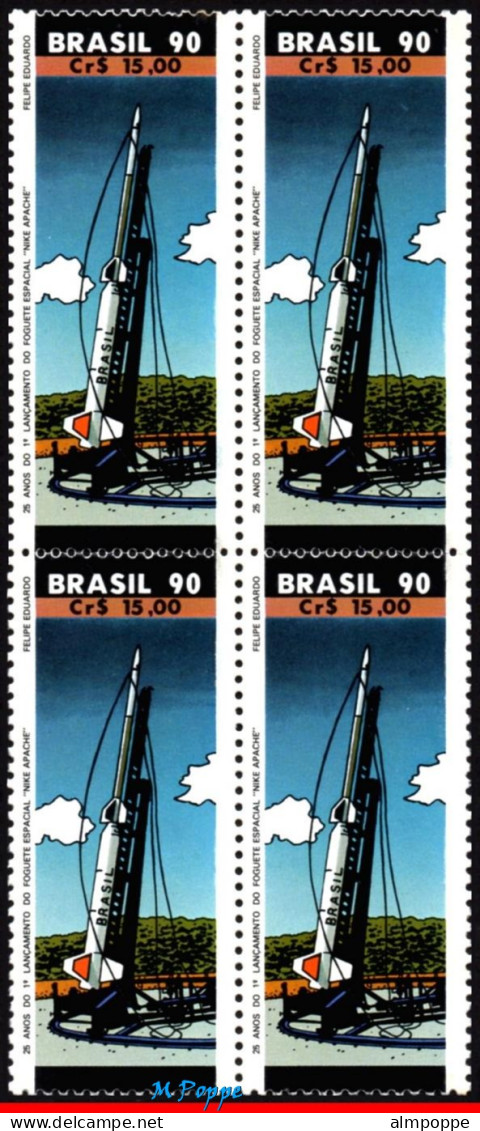 Ref. BR-2295-Q BRAZIL 1990 - LAUNCH OF ROCKET NIKEAPACHE, MI# 2393, BLOCK MNH, SPACE EXPLORATION 4V Sc# 2295 - Blokken & Velletjes