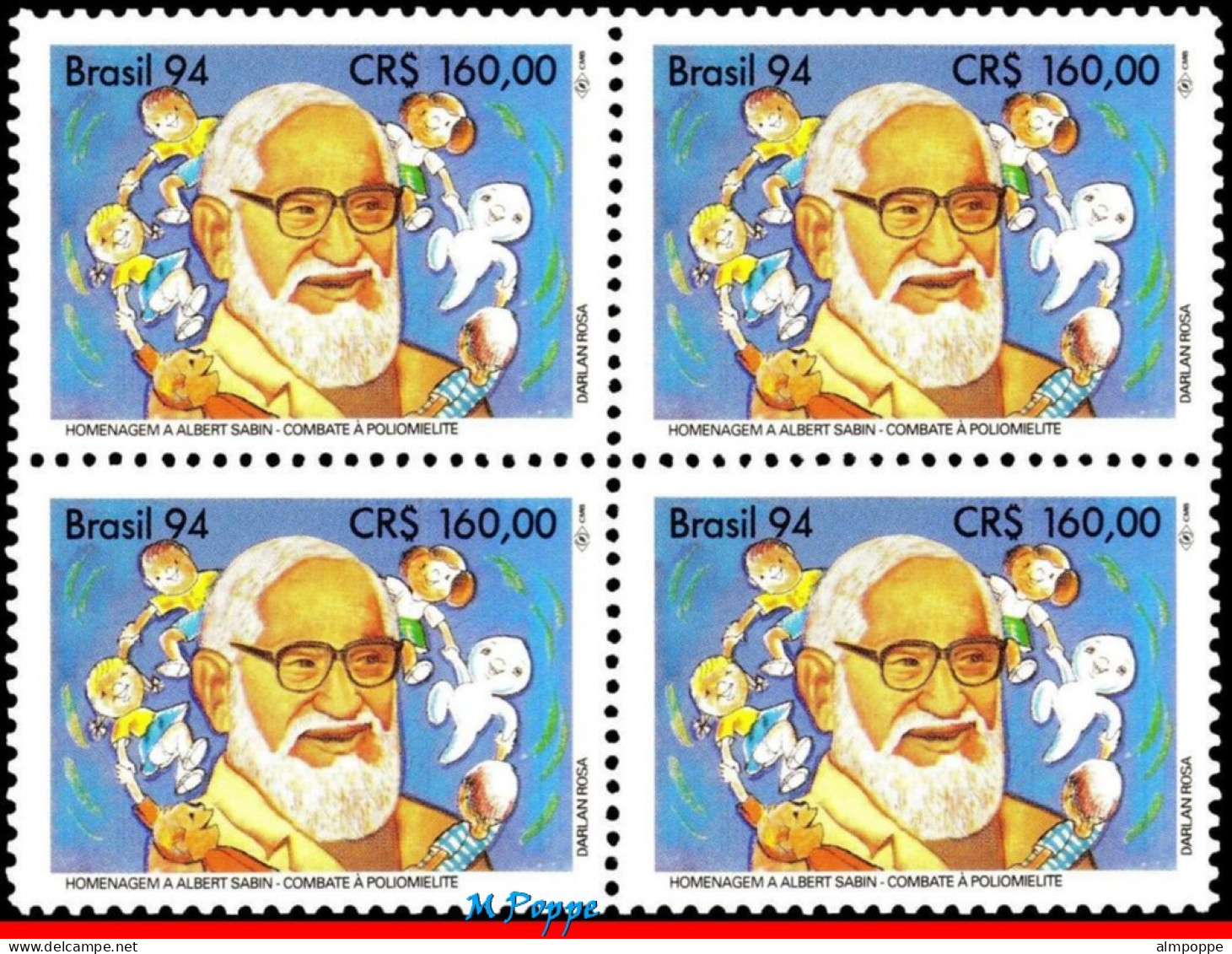 Ref. BR-2467-Q BRAZIL 1994 - ALBERT SABIN,, POLIO VACCINE, MI# 2577, BLOCK MNH, HEALTH 4V Sc# 2467 - Blocs-feuillets