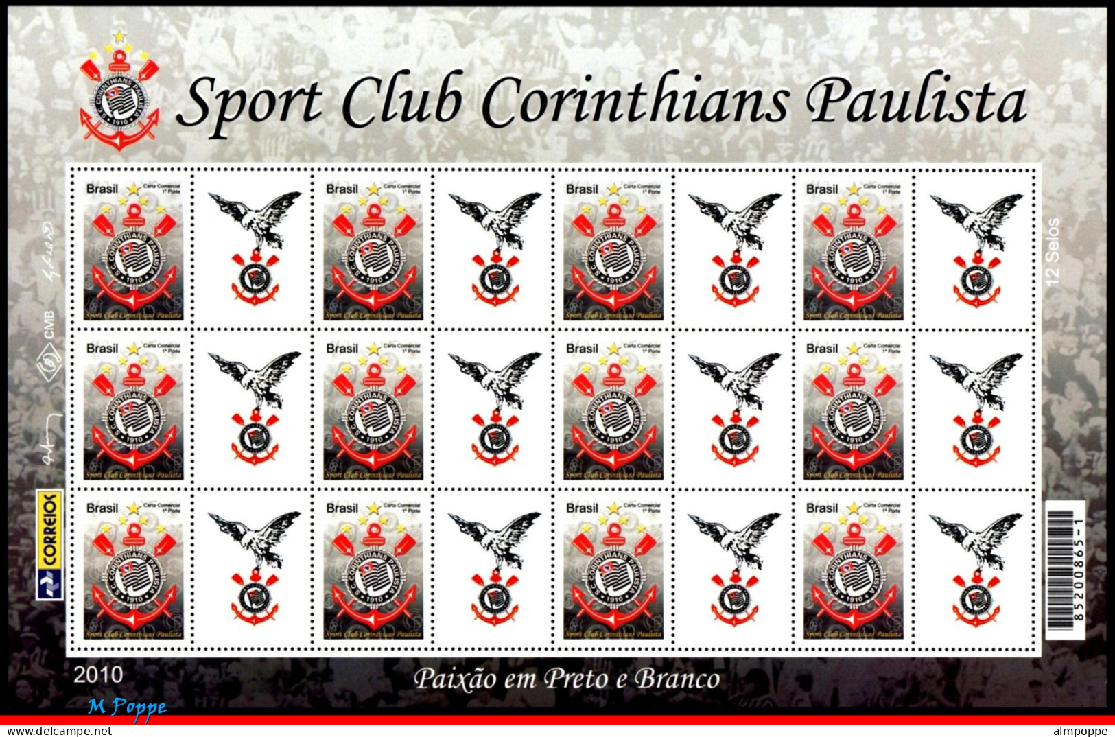 Ref. BR-3145-3FO BRAZIL 2010 - CORINTHIANS,FAMOUS CLUBS, SHEET PERSONALIZED MNH, FOOTBALL SOCCER 12V Sc# 3145 - Clubs Mythiques