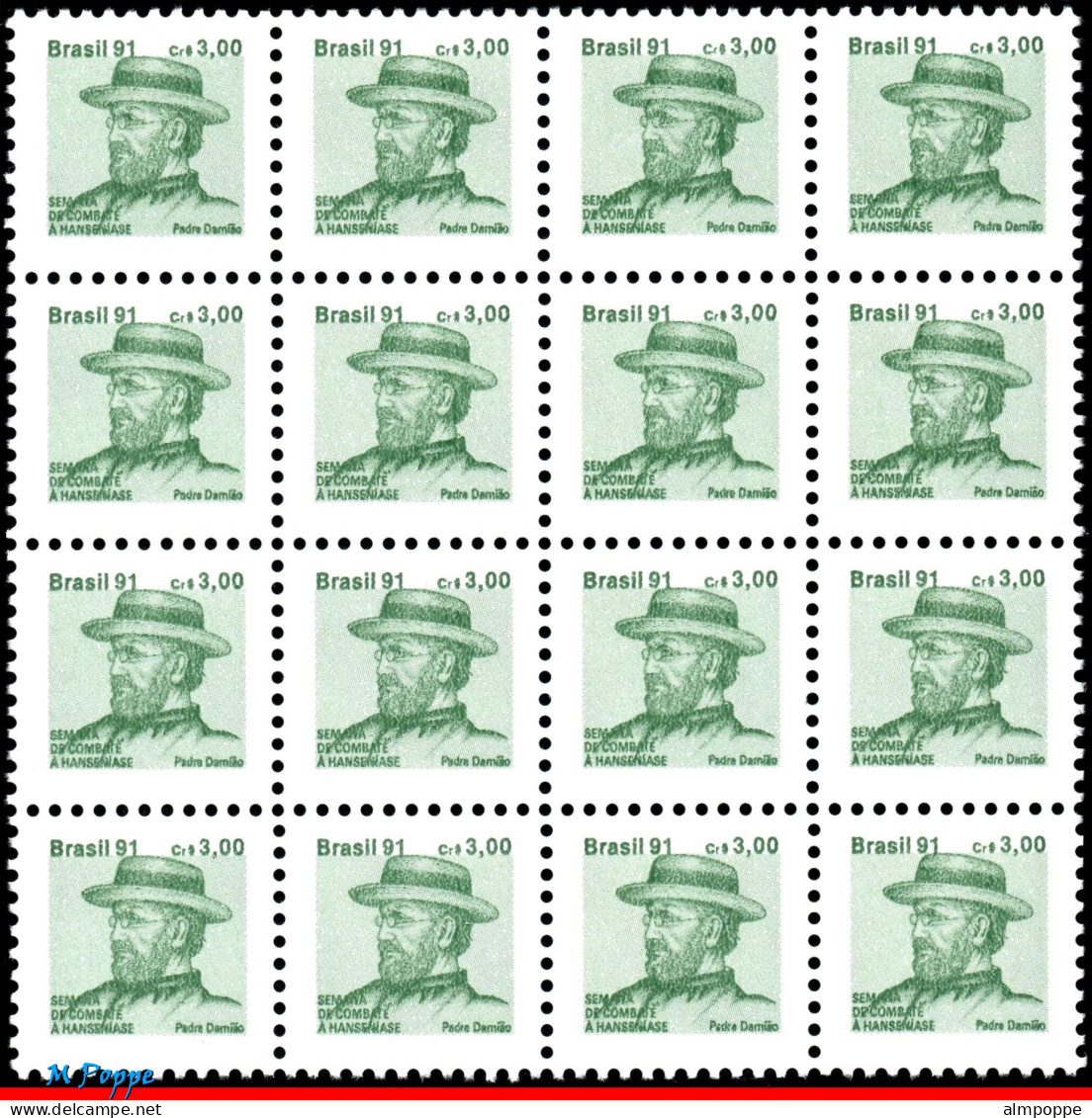 Ref. BR-RA27-R BRAZIL 1991 - HANSEN DISEASE, LEPROSY,HANSENIASIS,FR.JOSEPH DAMIEN,MI# Z28,MNH, HEALTH 16V Sc# RA27 - Blocs-feuillets