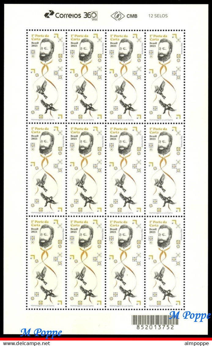 Ref. BR-V2023-16-F BRAZIL 2023 - TRIBUTE TO LUIZ GAMA,POET, LAWYER, BIRDS, SHEET MNH, FAMOUS PEOPLE 12V - Blokken & Velletjes