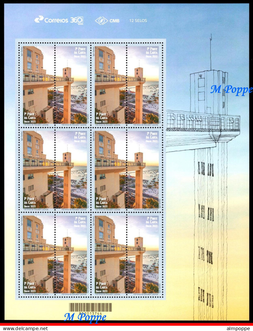 Ref. BR-V2023-17-F BRAZIL 2023 - LACERDA ELEVATOR,150 YEARS, SALVADOR BAHIA, SHEET MNH, ARCHITECTURE 12V - Blocks & Kleinbögen