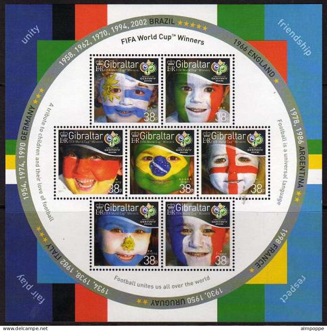 Ref. GI-1039 GIBRALTAR 2006 - FIFA WORD CUP WINNERSFLAGS - SPORT - MINT MNH, FOOTBALL SOCCER 7V Sc# 1039 - 2006 – Germany