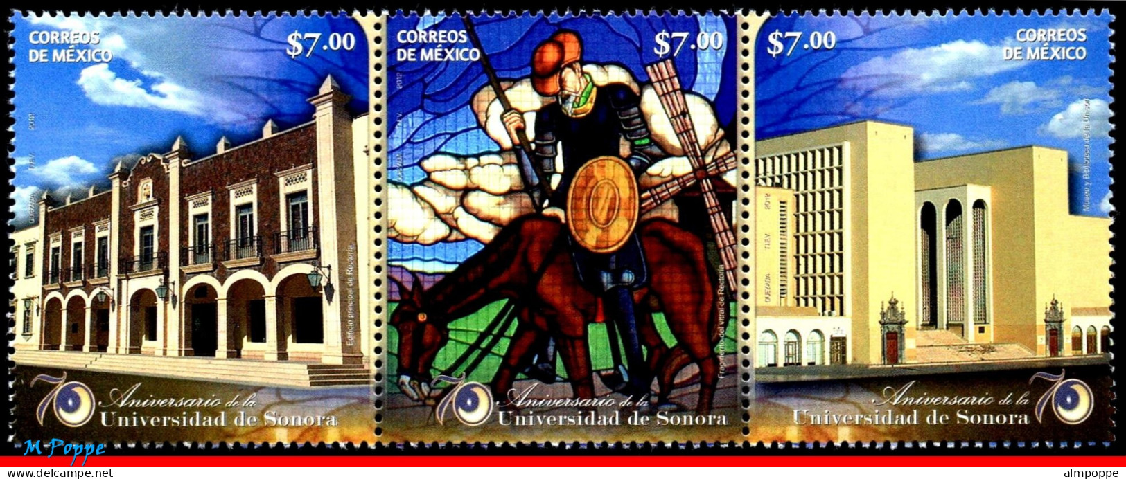 Ref. MX-2795 MEXICO 2012 - UNIVERSITY OF SONORA,DON QUIXOTE (QUIJOTE), SET MNH, EDUCATION 3V Sc# 2795 - Glasses & Stained-Glasses