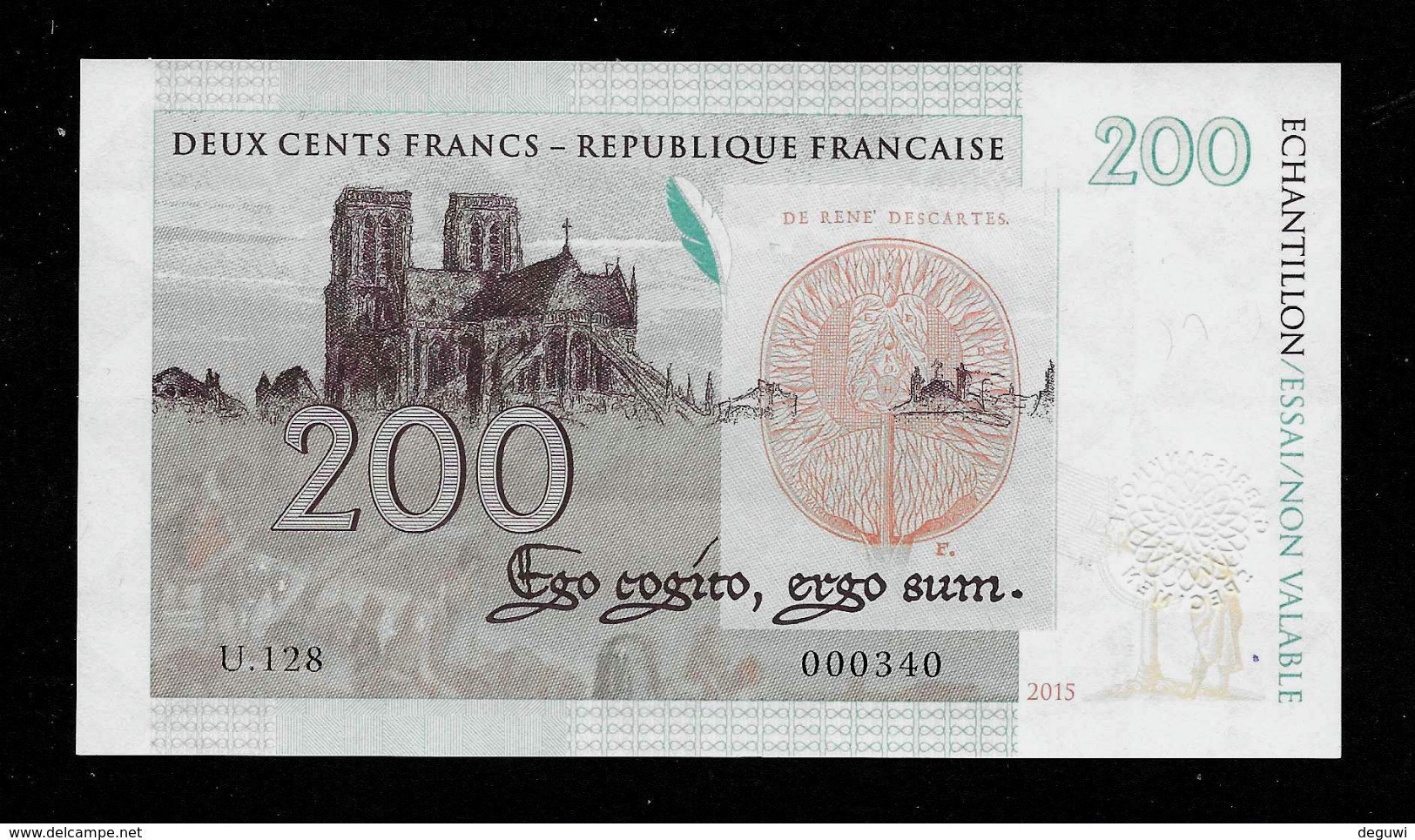 U 128 "200 F" FRANCE, Entwurf, Gabris, RRRR, UNC, Ca. 143 X 78 Mm, Essay, Trial, Intaglio, UV, Private Issue - Fictifs & Spécimens