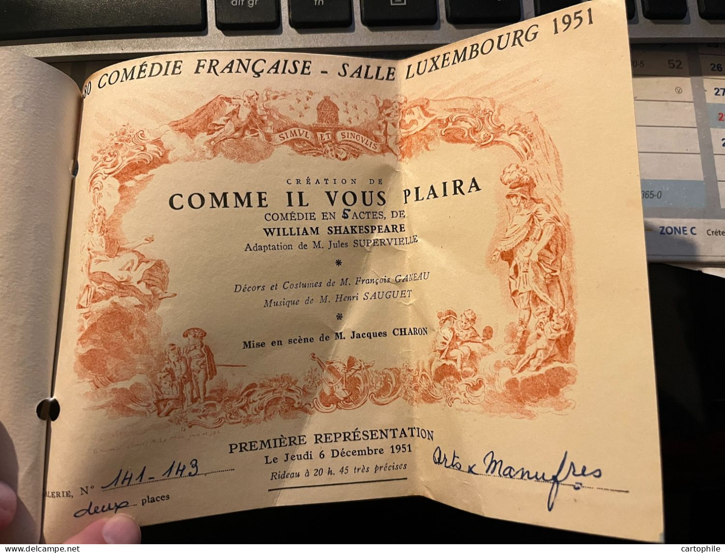 Ticket D'entrée 1ere Représentation En 1951 De La Pièce "Comme Il Vous Plaira" De Shakespeare à La Comedie Française - Eintrittskarten