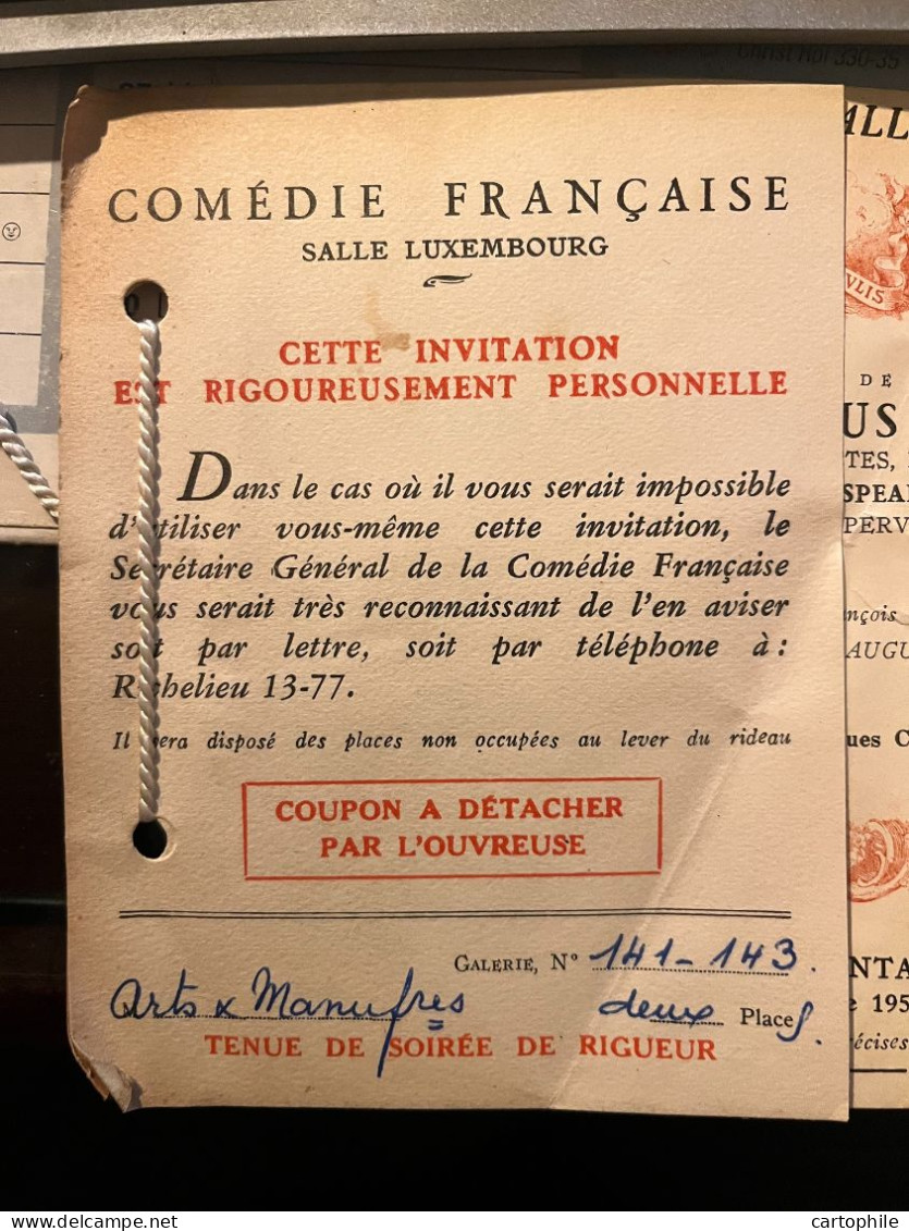 Ticket D'entrée 1ere Représentation En 1951 De La Pièce "Comme Il Vous Plaira" De Shakespeare à La Comedie Française - Tickets D'entrée