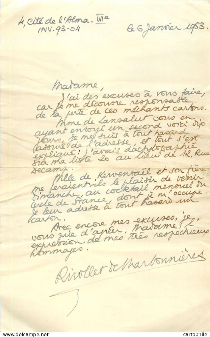 Lettre Manuscrite Du Comte Rivollet De Charbonnières - Invitation 1953 Pour Vicomtesse De Kervenoael - Cercle De France - Manuscrits