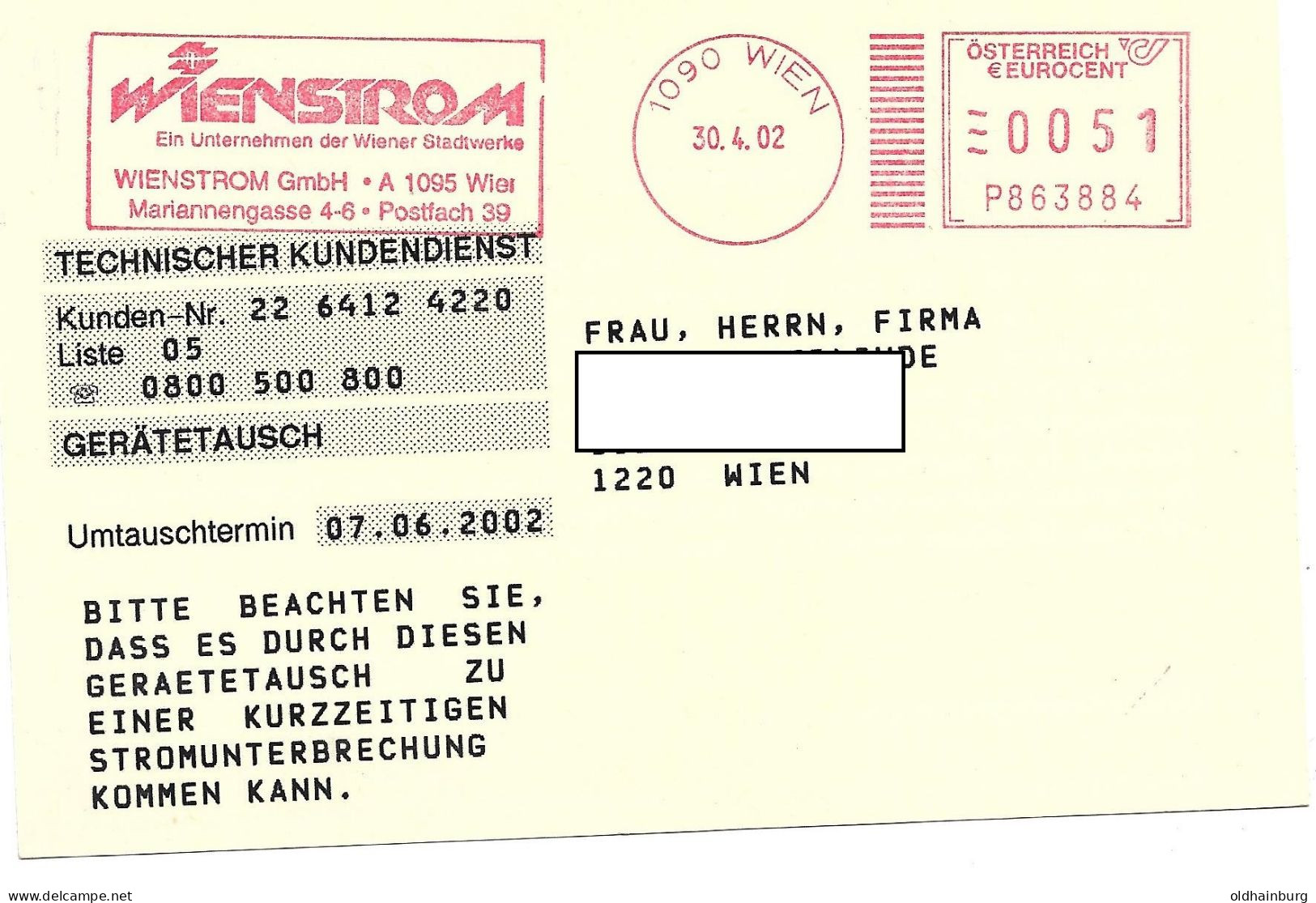 0158s: Österreich 2002, Werbestempel Wienstrom GmbH - Elektriciteit