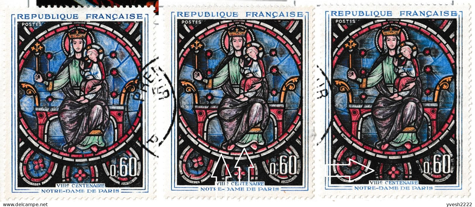 France 1964 Y&T 1419. 3 CM Vitrail Rosace De Notre-Dame De Paris. Normal, Ourlet Blanc + Rouge Déplacé, Décoration Noire - Verres & Vitraux