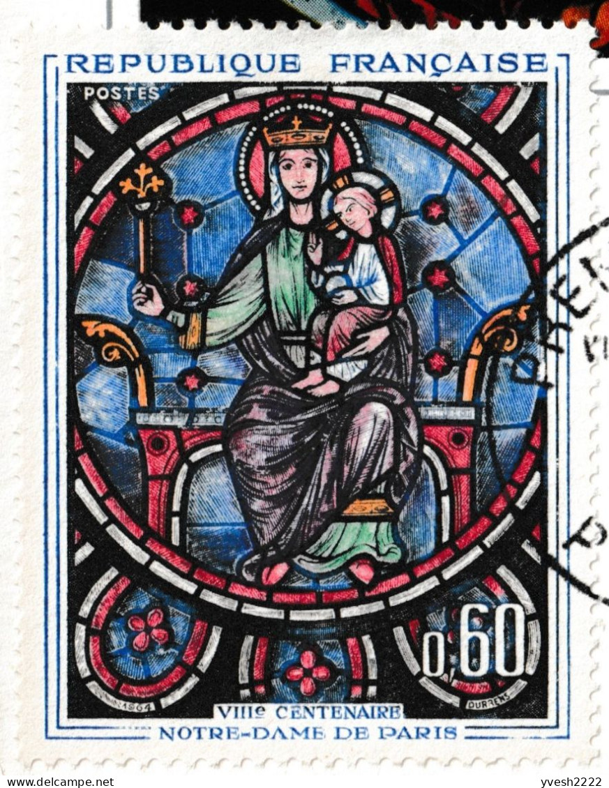 France 1964 Y&T 1419. 3 CM Vitrail Rosace De Notre-Dame De Paris. Normal, Ourlet Blanc + Rouge Déplacé, Décoration Noire - Verres & Vitraux