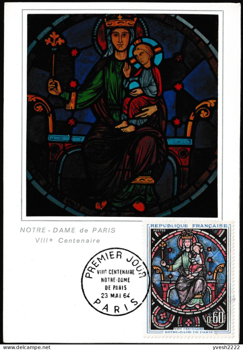 France 1964 Y&T 1419. 3 CM Vitrail Rosace De Notre-Dame De Paris. Normal, Ourlet Blanc + Rouge Déplacé, Décoration Noire - Verres & Vitraux