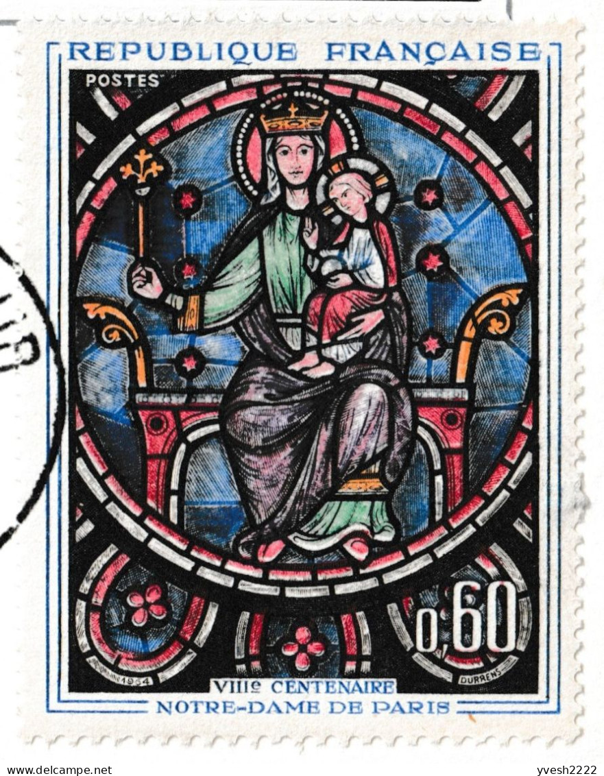 France 1964 Y&T 1419. 3 CM Vitrail Rosace De Notre-Dame De Paris. Normal, Ourlet Blanc + Rouge Déplacé, Décoration Noire - Glas & Fenster