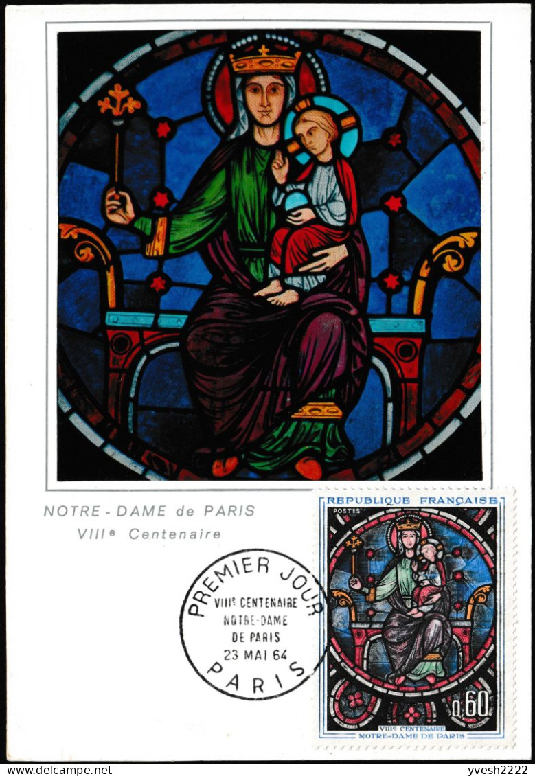 France 1964 Y&T 1419. 3 CM Vitrail rosace de Notre-Dame de Paris. Normal, ourlet blanc + rouge déplacé, décoration noire