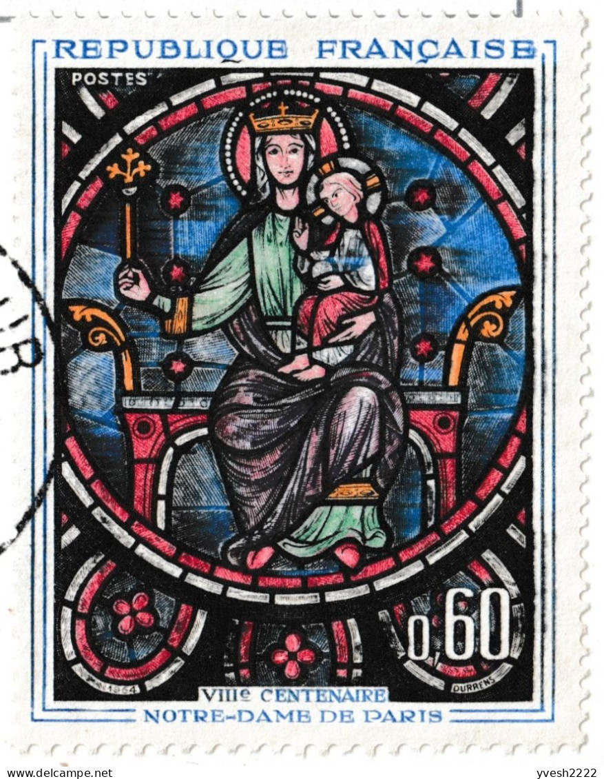 France 1964 Y&T 1419. 3 CM Vitrail rosace de Notre-Dame de Paris. Normal, ourlet blanc + rouge déplacé, décoration noire