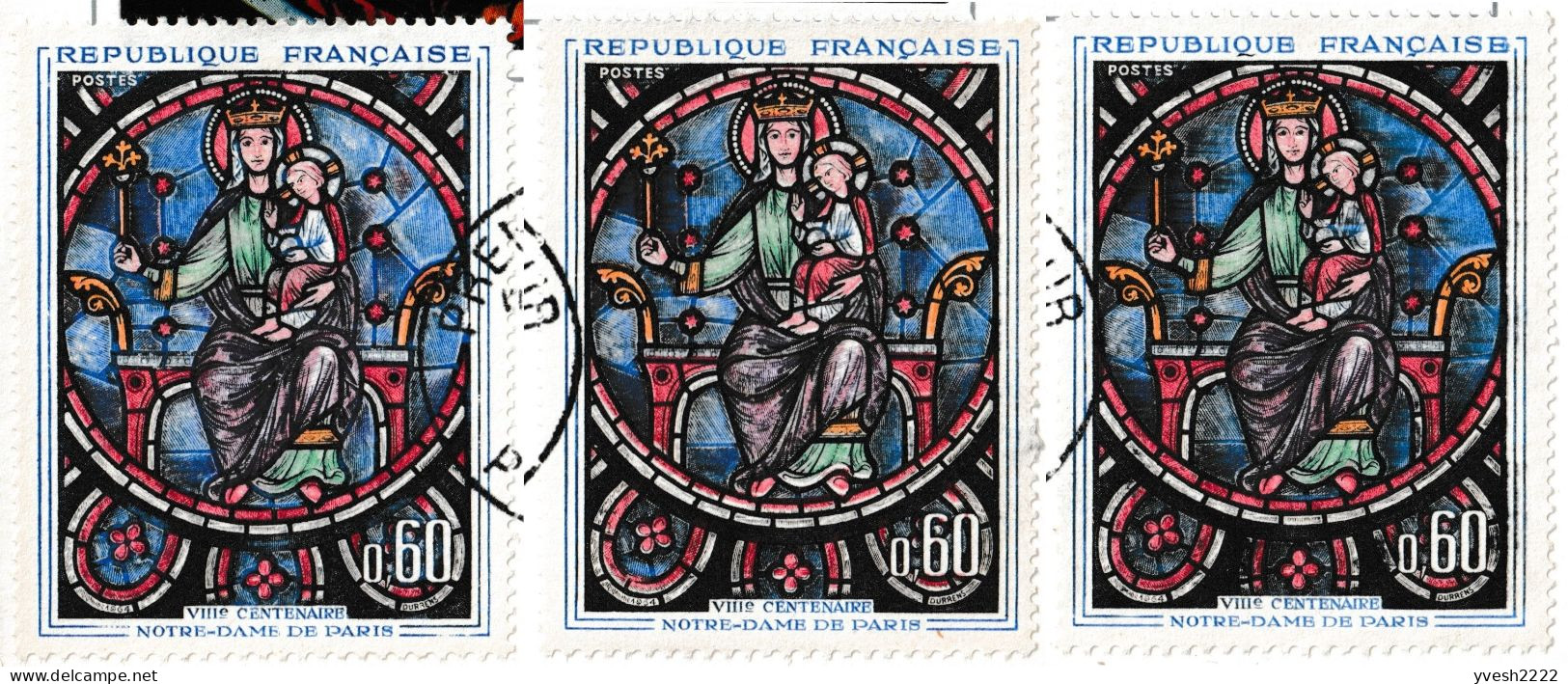 France 1964 Y&T 1419. 3 CM Vitrail rosace de Notre-Dame de Paris. Normal, ourlet blanc + rouge déplacé, décoration noire