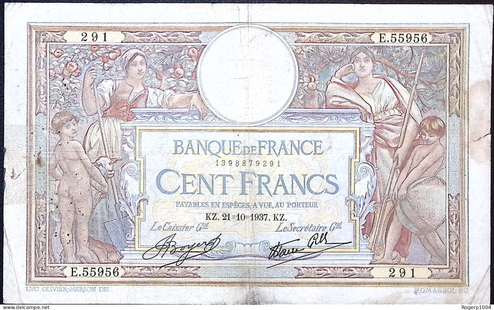 FRANCE * 100 Francs * LOM * Date 21/10/1937 * Fay. 25.03 * État/Grade B/VG * - 100 F 1908-1939 ''Luc Olivier Merson''