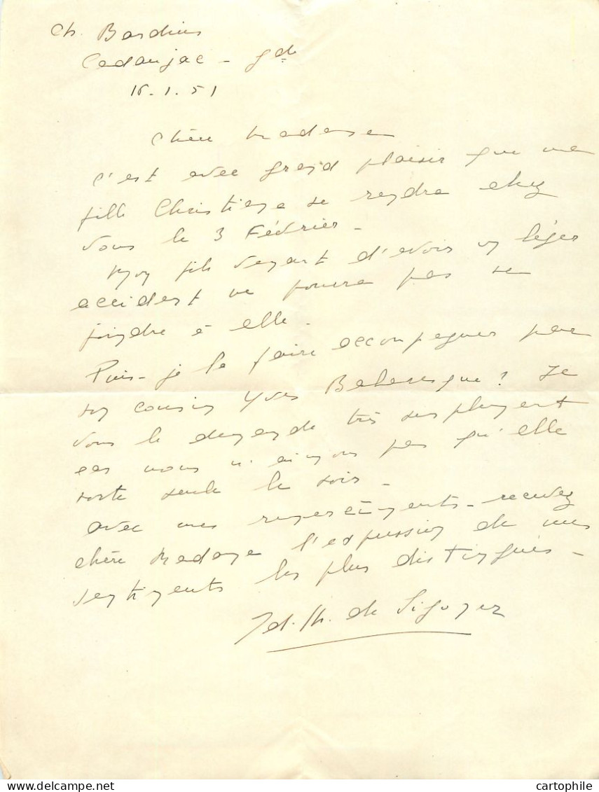 Lettre Manuscrite D'Edith Balaresque épouse Du Comte Christian De BERNARDY De SIGOYER Au Chateau Bardins Cadaujac 1951 - Manuscrits