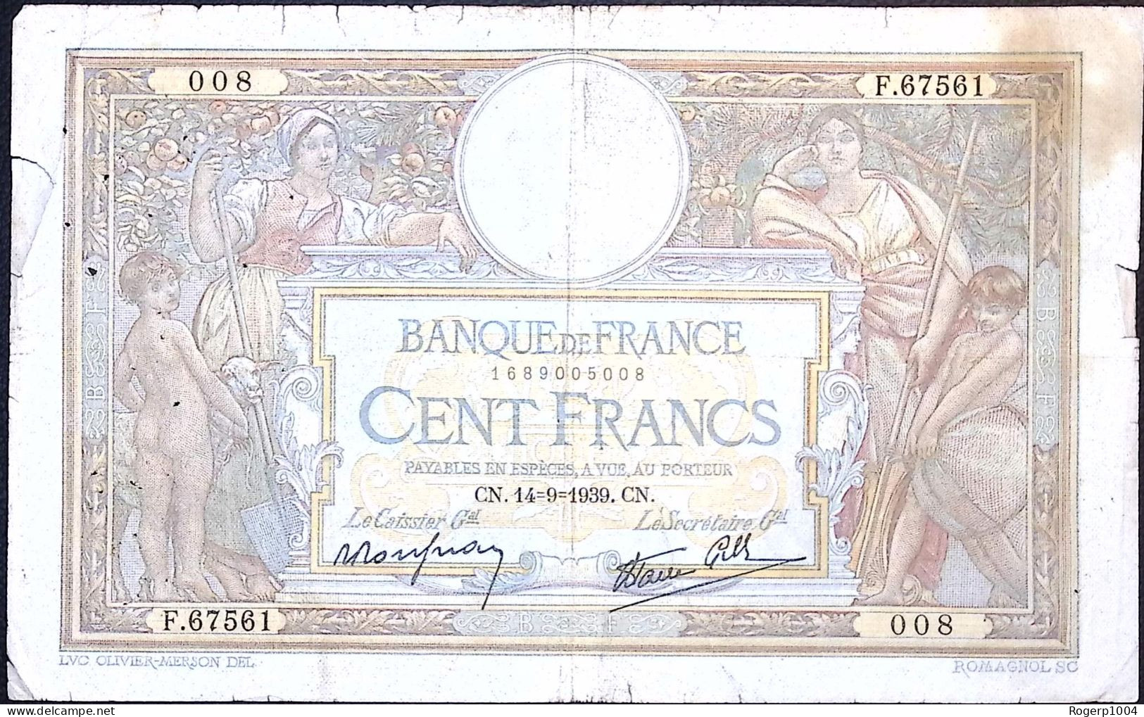 FRANCE * 100 Francs * LOM * Date 14/09/1939 * Fay. 25.49 * État/Grade B/VG * - 100 F 1908-1939 ''Luc Olivier Merson''