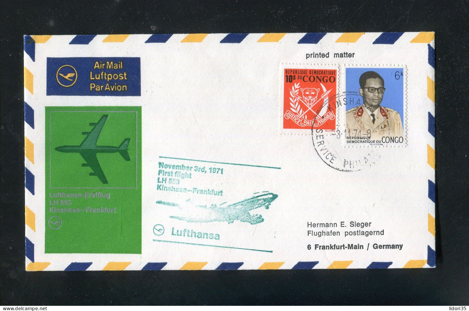 "KONGO-KINSHASA" 1971, Erstflugbrief LH 553 "Kinshasa-Frankfurt" (4638) - Storia Postale