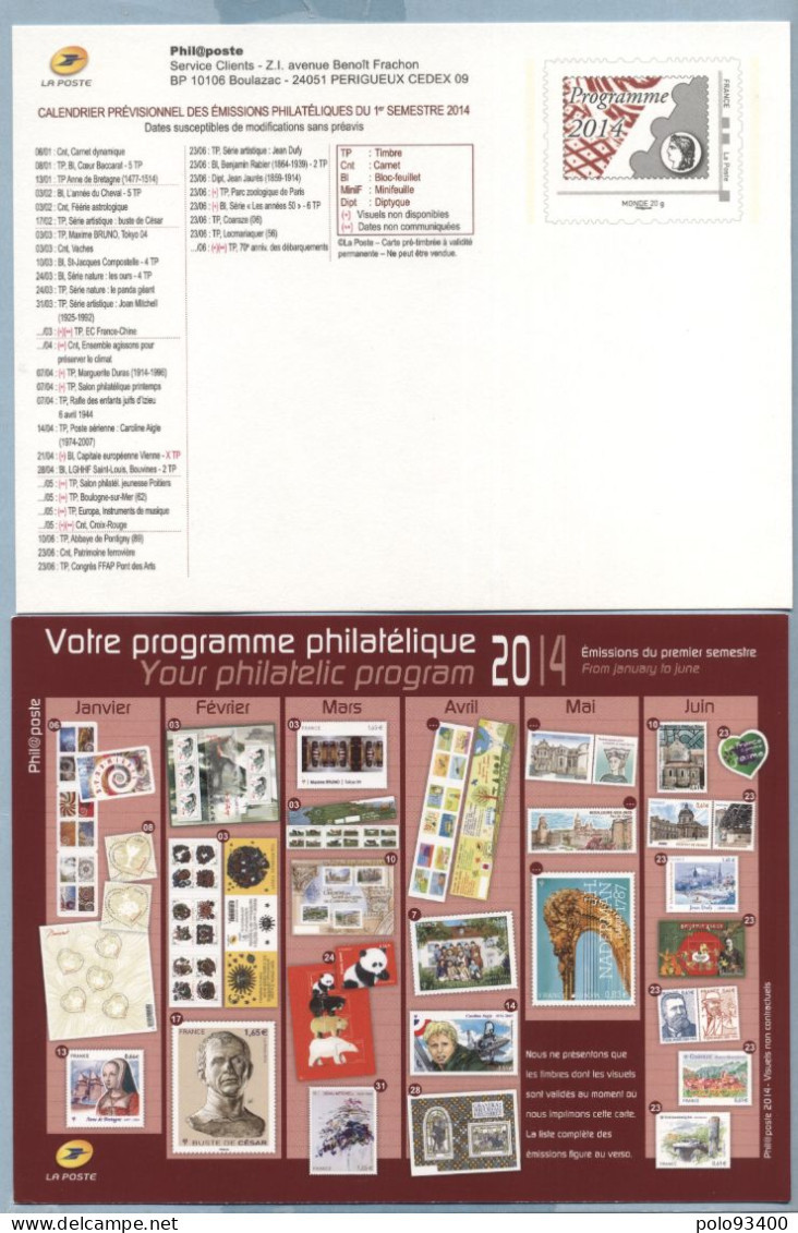 2014  CALENDRIER DES EMISSIONS 1er JOUR DU 1er SEMESTRE - Prêts-à-poster:Stamped On Demand & Semi-official Overprinting (1995-...)