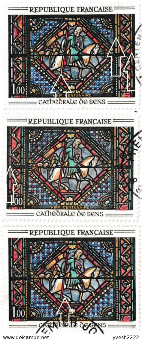 France 1965 Y&T 1427e Et 1427f. 3 Cartes Maximum, Curiosités D'impression. Vitrail De La Cathédrale De Sens - Verres & Vitraux