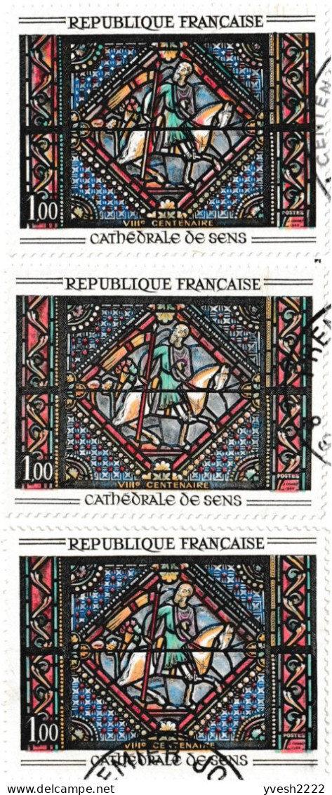 France 1965 Y&T 1427e et 1427f. 3 cartes maximum, curiosités d'impression. Vitrail de la cathédrale de Sens