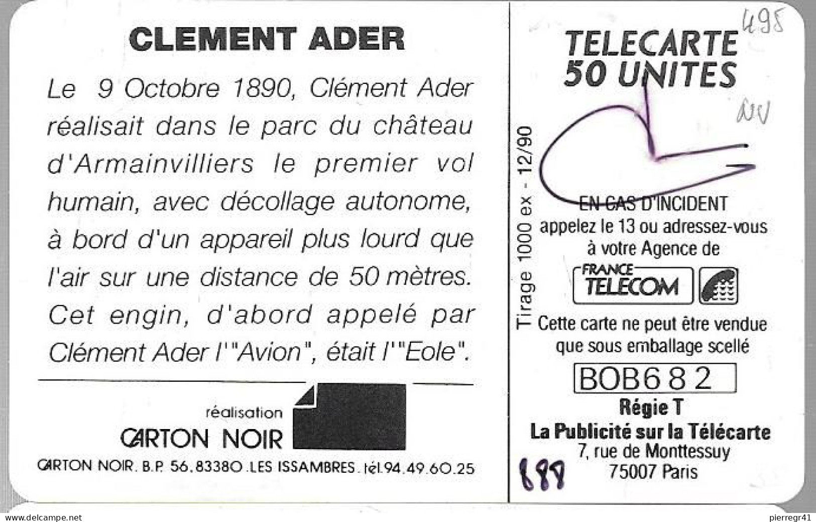 CARTE-PRIVEE-50U-GemA-D495-EOLE 2-C.ADER-Signé N°888-R° Glacé-1000-Ex-Neuve-TBE/LUXE - Privées