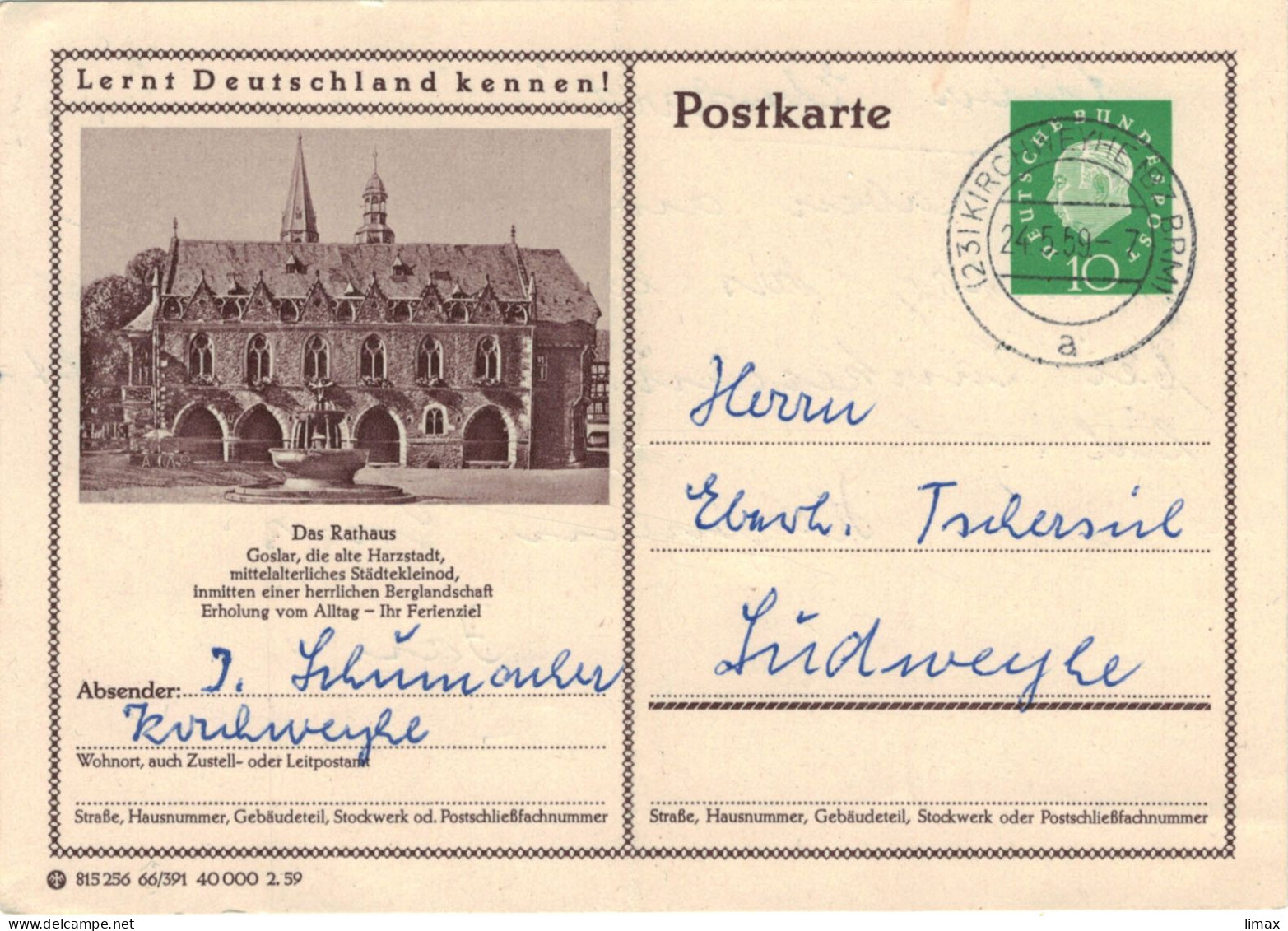 Ganzsache Rathaus Goslar 1959 23 Kirchweyhe Bz Bremen > Südweyhe - Cartes Postales Illustrées - Oblitérées