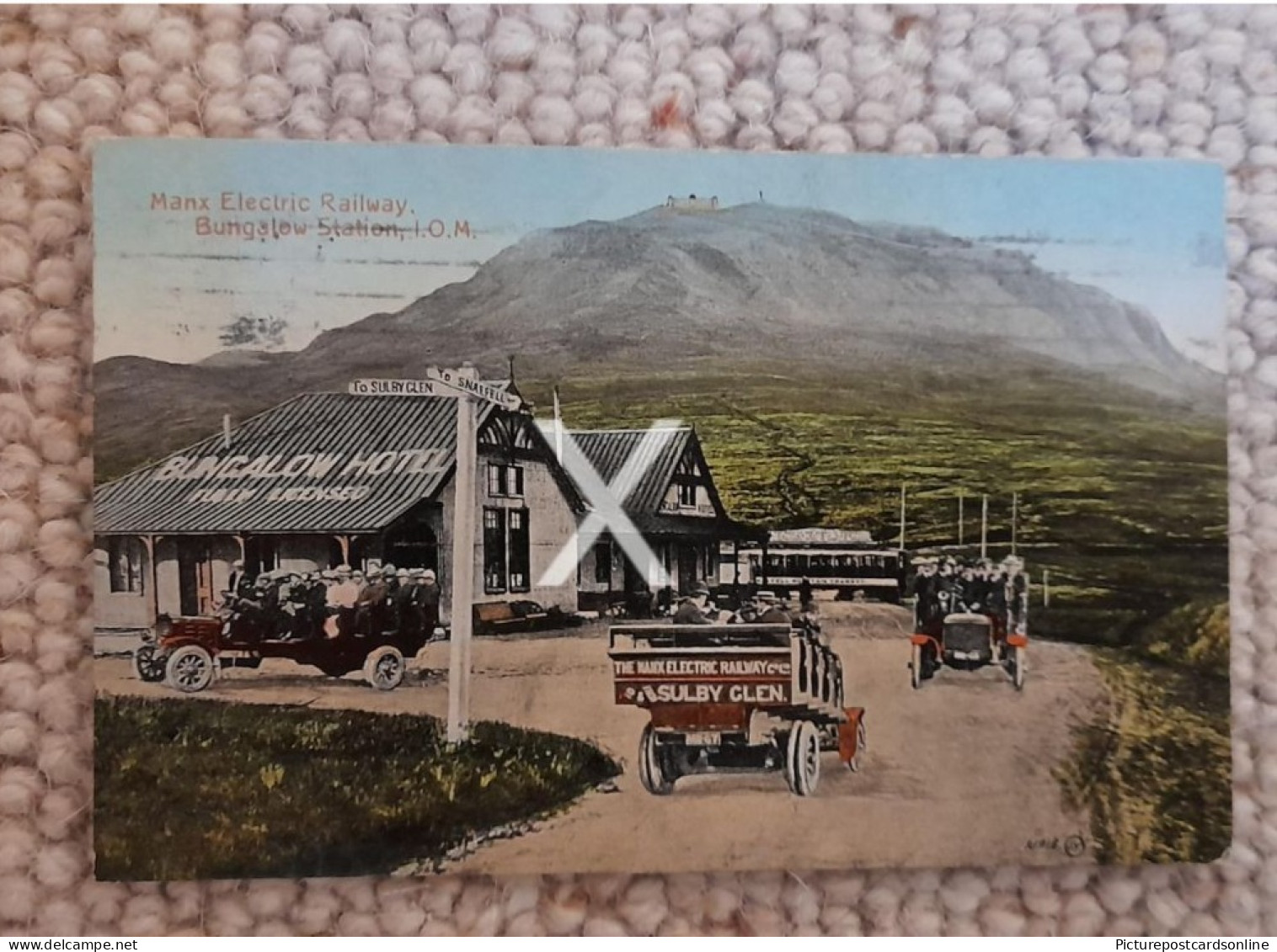 MANX ELECTRIC RAILWAY STATION BUNGALOW STATION OLD COLOUR POSTCARD ISLE OF MAN SNAEFELL SUMMIT CACHET VIOLET 1924 RARE - Man (Eiland)
