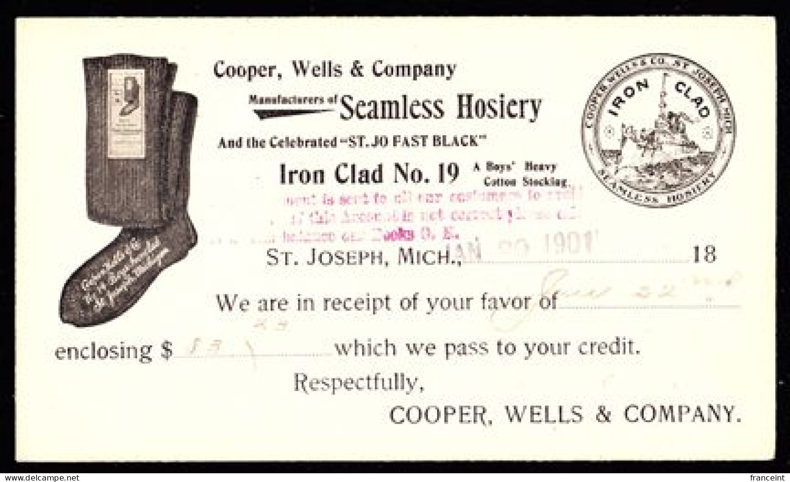 U.S.A.(1901) Socks. Naval Ship. One Cent Postal Card With Illustrated Ad For Cooper, Wells Seamless Hosiery. Logo Of An - 1901-20