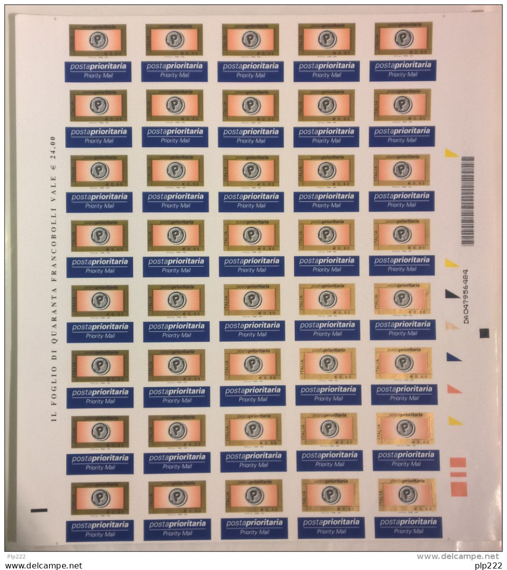 Italia Repubblica 2004 Prioritari0 0,60  Con Fustella Non Dentellato Foglio Completo Di 40 Val **/MNH VF - Feuilles Complètes