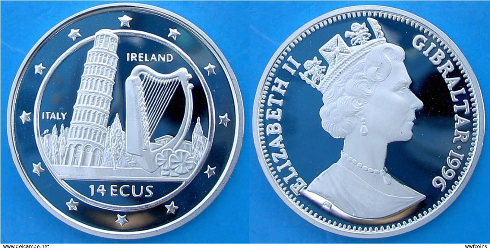 GIBRALTAR 14 E 1996 ARGENTO PROOF SILVER ECU IRELAND ITALY PISA WEIGHTPESO 10g TITOLO 0,925 CONSERVAZIONE FONDO SPECCHIO - Gibraltar