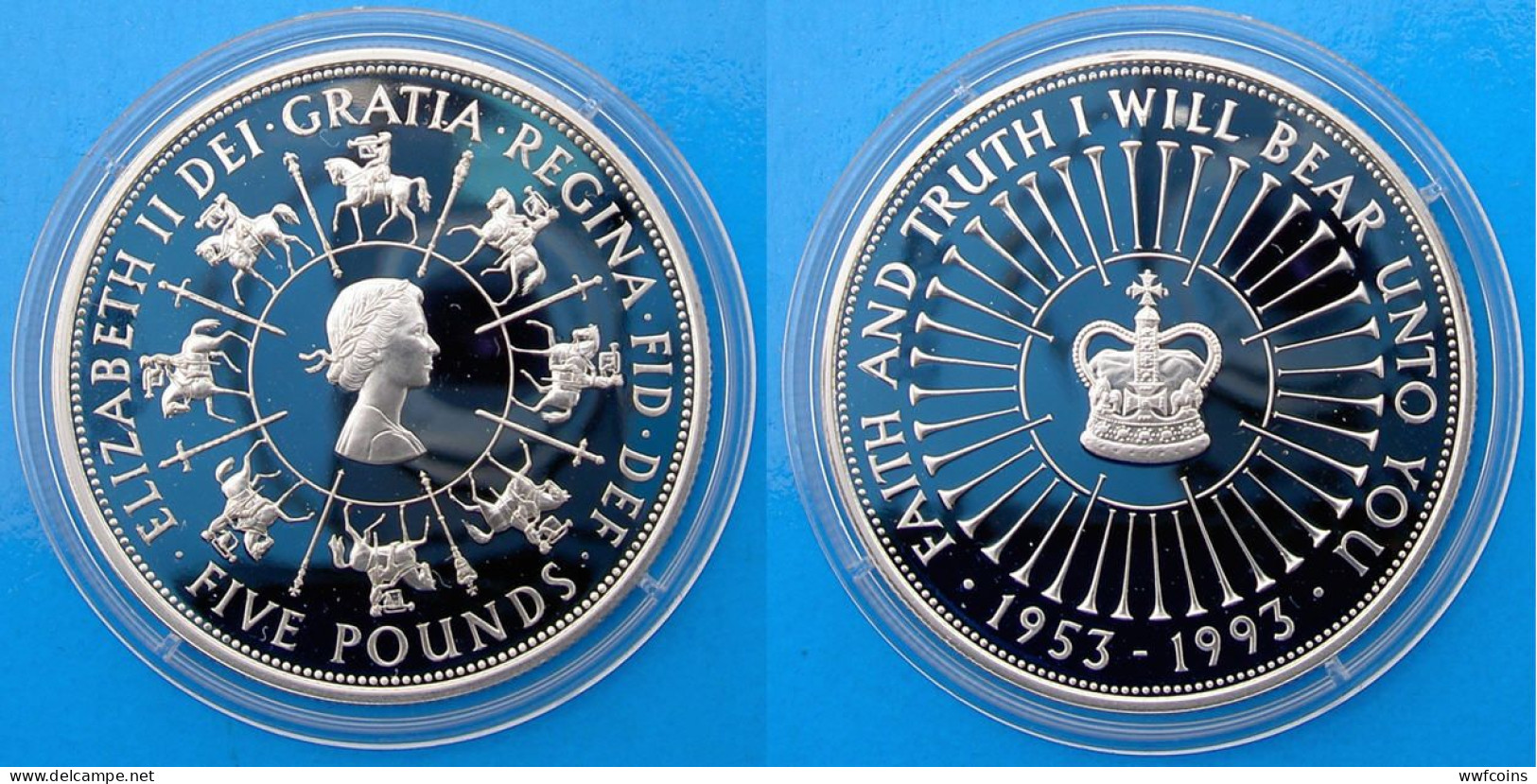 GREAT BRITAIN 5 £ 1993 ARGENTO PROOF SILVER 40 ANNI REGNO YEARS ELIZABETH 1953-93 PESO 28,28 TITOLO 0,925 CONSERVAZIONE - Maundy Sets & Commémoratives