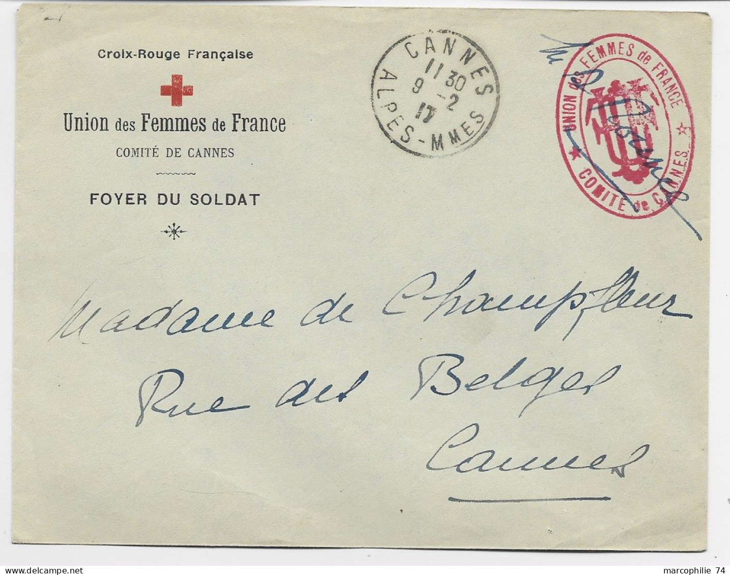 FRANCE CROIX ROUGE LETTRE COVER ENTETE UNION DES FEMMES COMITE DE CANNES FOYER DU SOLDAT 1917 +  CACHET ROUGE IDEM - Croix Rouge