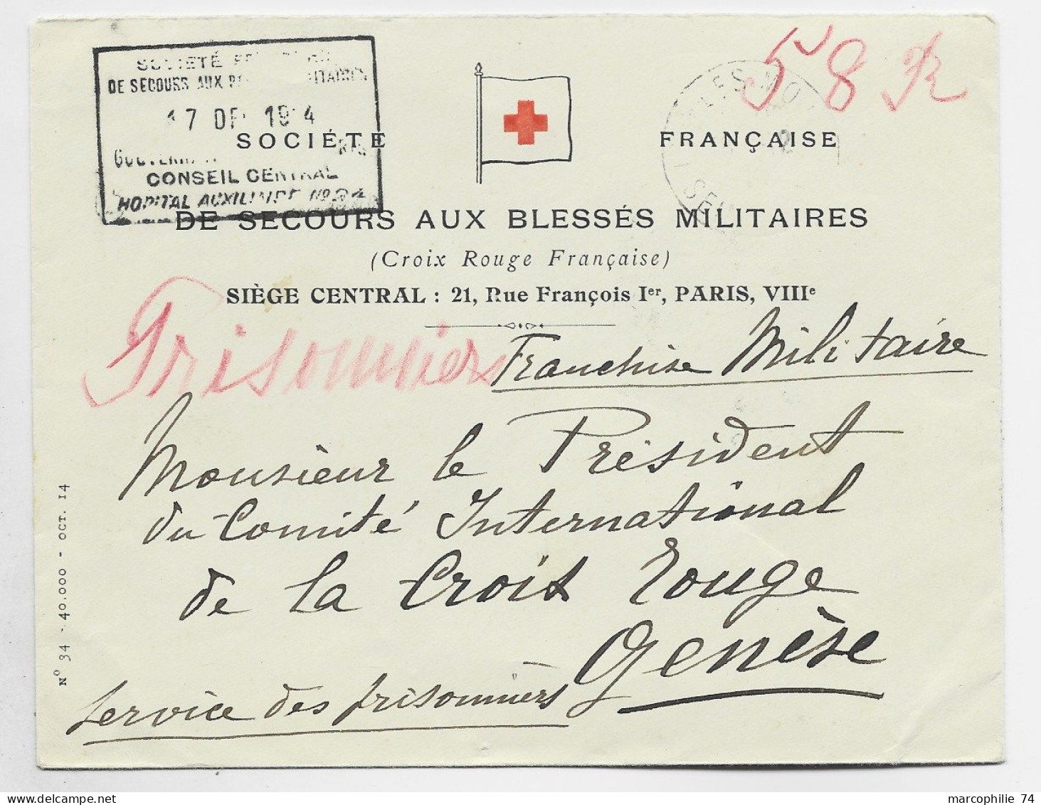 FRANCE CROIX ROUGE LETTRE COVER ENTETE SECOURS BLESSES MILITAIRES PARIS VIII 1914 POUR GENEVE  MENTION PRISONNIER - Croce Rossa
