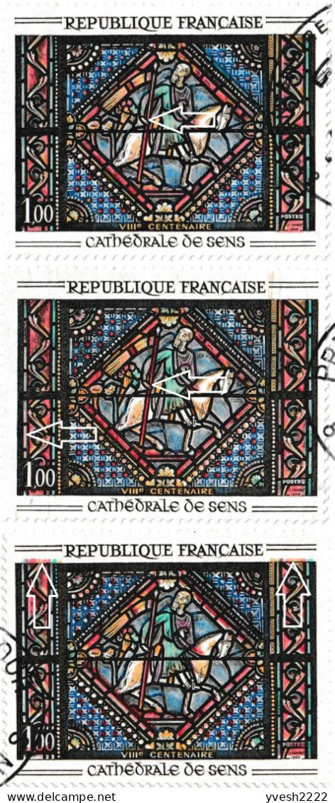 France 1965 Y&T 1427. 3 Cartes Maximum, Curiosités D'impression. Vitrail De La Cathédrale De Sens. Couleurs Déplacées... - Verres & Vitraux