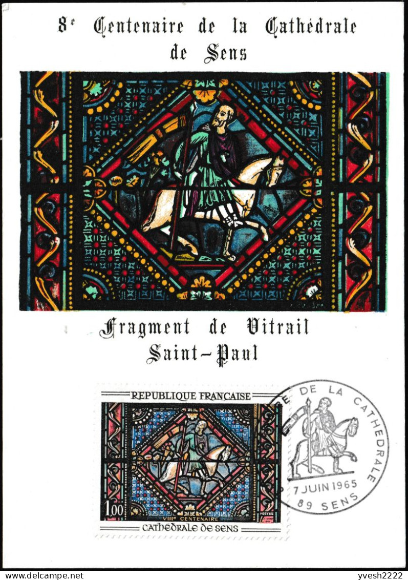 France 1965 Y&T 1427. 3 Cartes Maximum, Curiosités D'impression. Vitrail De La Cathédrale De Sens. Couleurs Déplacées... - Glas & Fenster