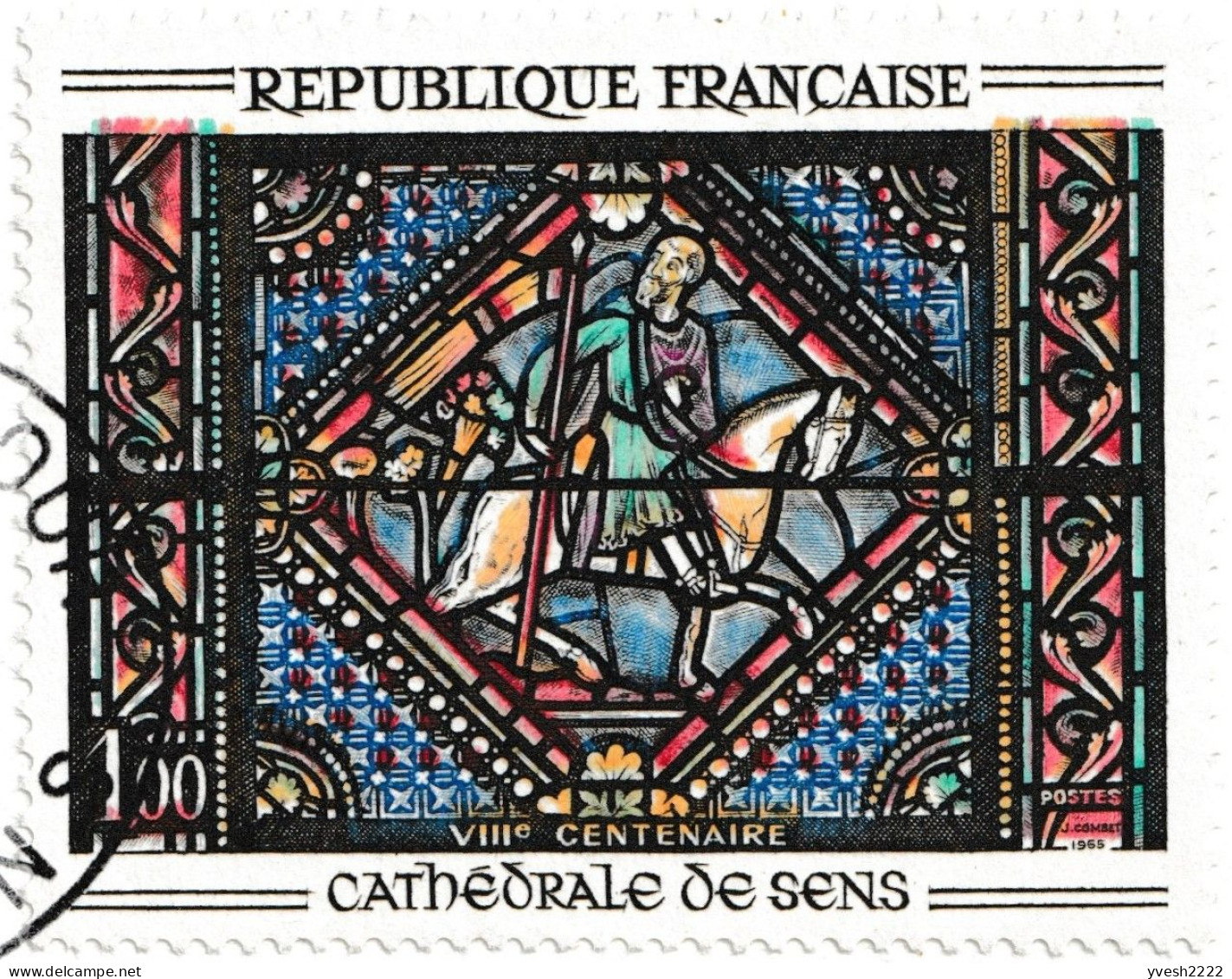 France 1965 Y&T 1427. 3 cartes maximum, curiosités d'impression. Vitrail de la cathédrale de Sens. Couleurs déplacées...