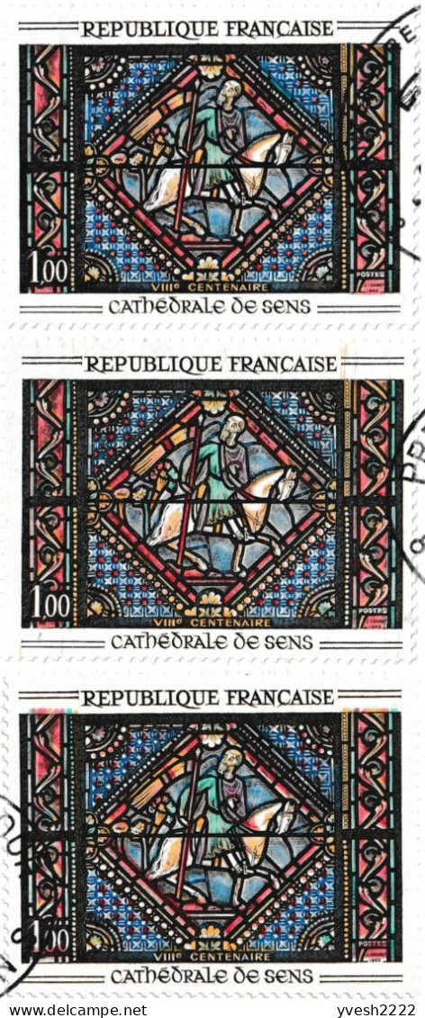 France 1965 Y&T 1427. 3 cartes maximum, curiosités d'impression. Vitrail de la cathédrale de Sens. Couleurs déplacées...