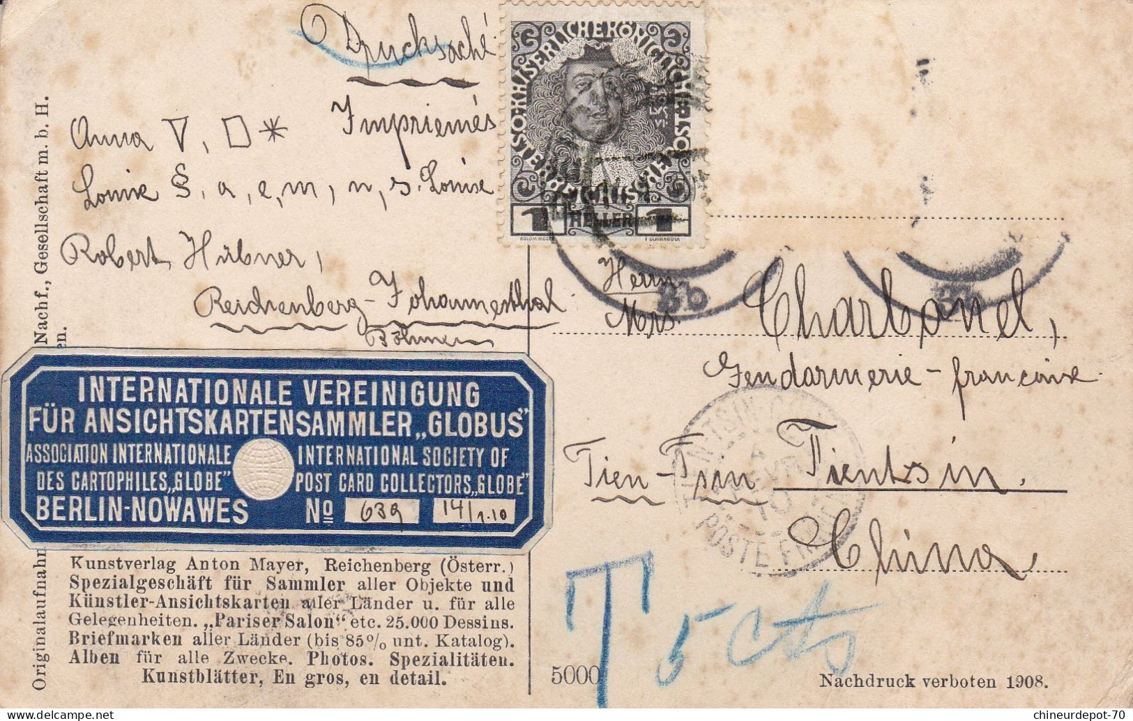 Reichenberg I. B. Vom Johannisstein Cartophiles Globe Berlin Nowawes Vers China Tianjin, Ou Tientsin - Storia Postale