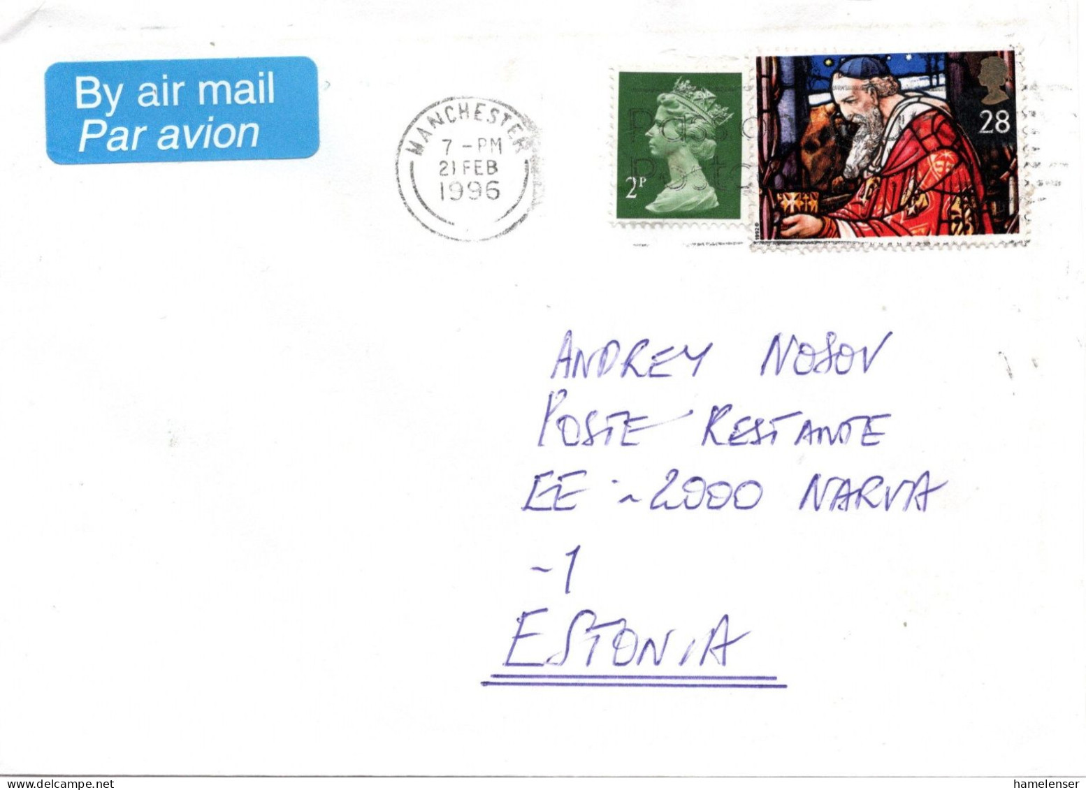 73435 - Grossbritannien - 1996 - 28p Weihnachten '92 MiF A Bf MANCHESTER - ... -> NARVA (Estland) - Covers & Documents