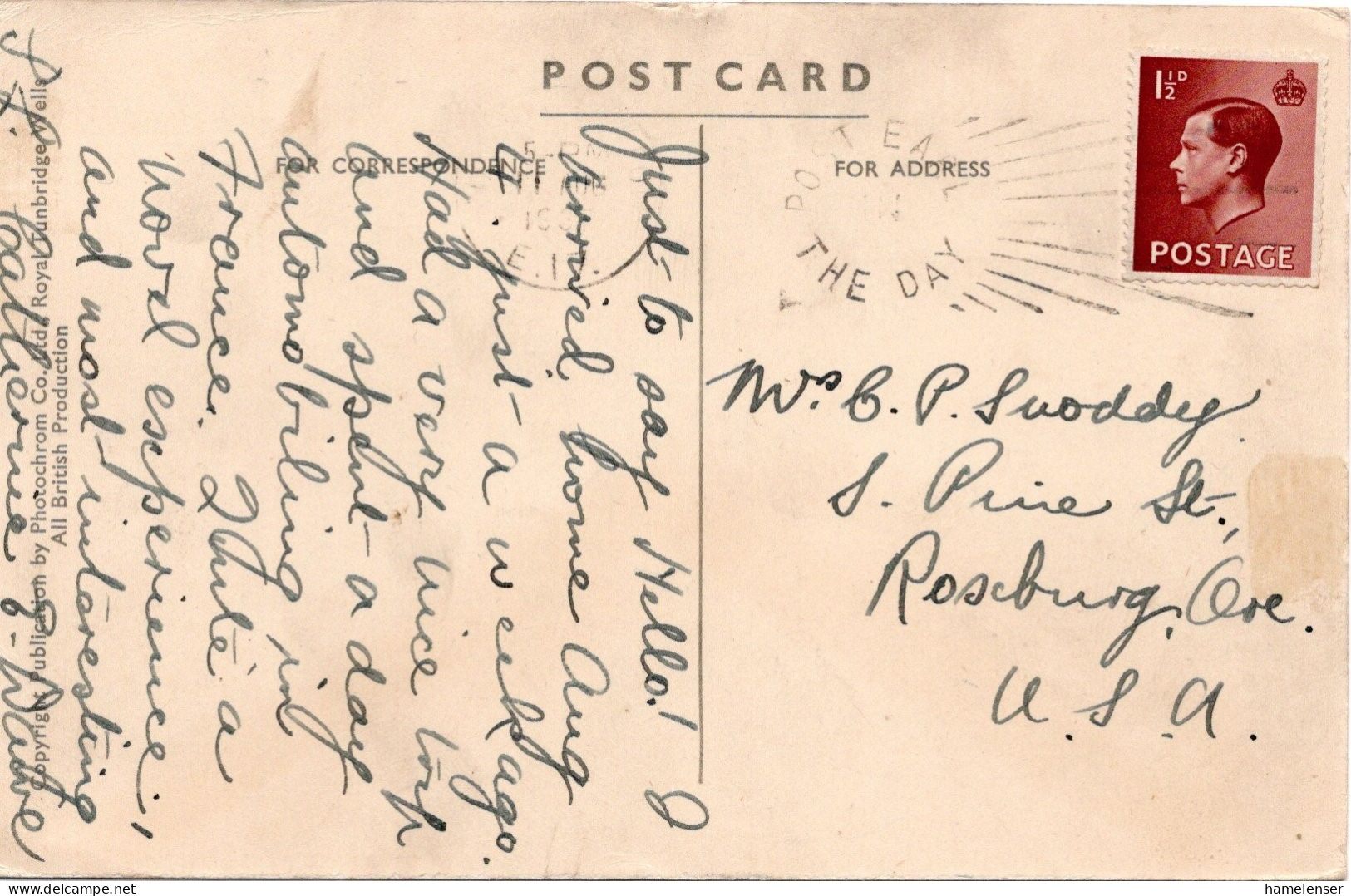 73437 - Grossbritannien - 1937 - 1.5d KEVIII EF A AnsKte LONDON - ... -> Roxburg, OR (USA) - Briefe U. Dokumente