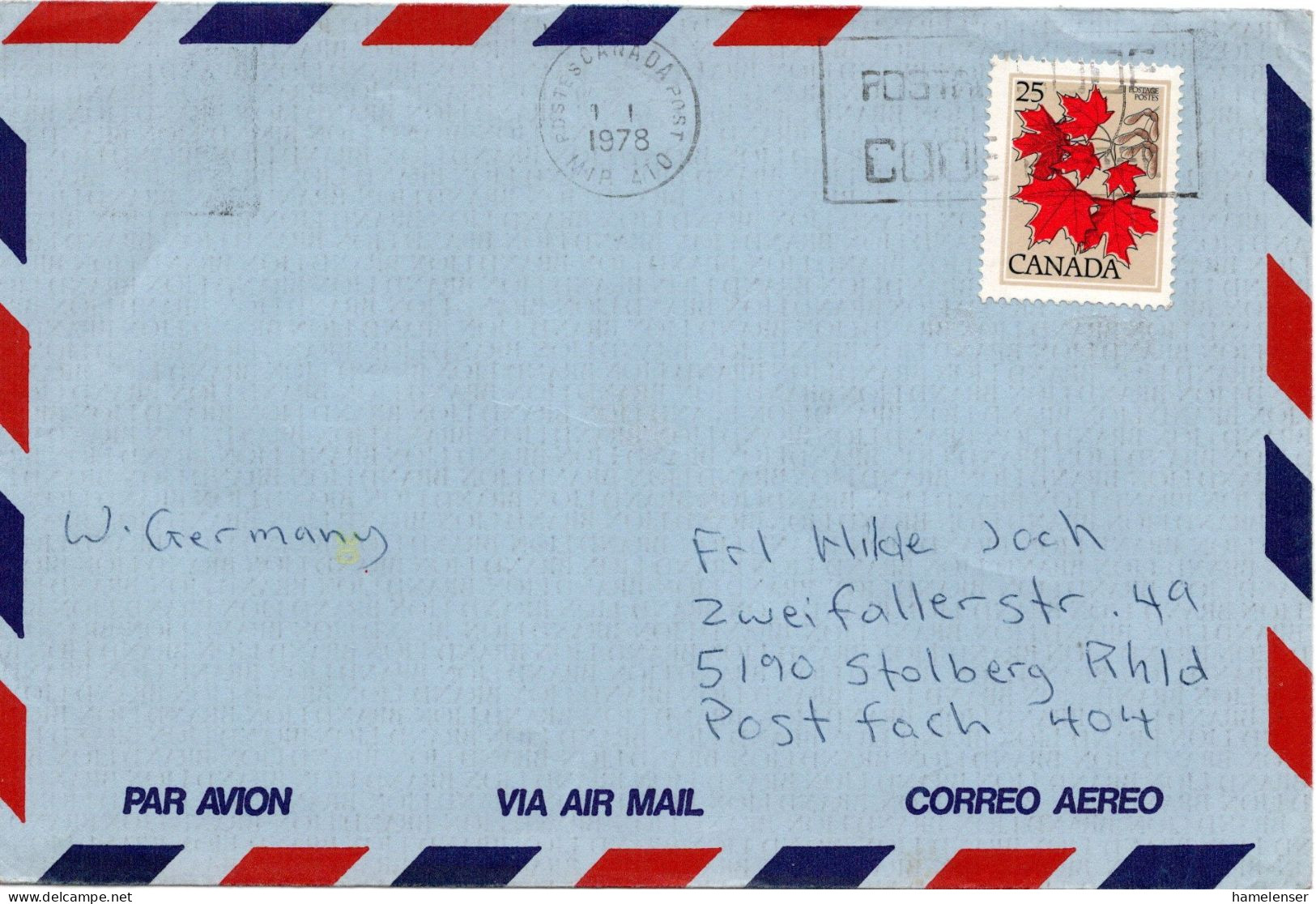 73448 - Canada - 1978 - 25¢ Ahorn EF A LpBf M1A 4T0 - ... -> Westdeutschland - Covers & Documents