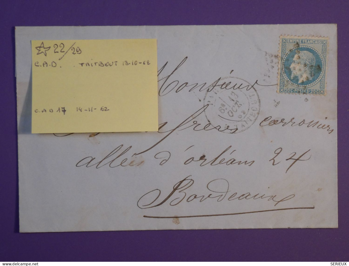 DF20 FRANCE  BELLE LETTRE 1872 ETOILE DE PARIS N°22  A BORDEAUX   +N°29+ AFF. INTERESSANT + - 1849-1876: Classic Period