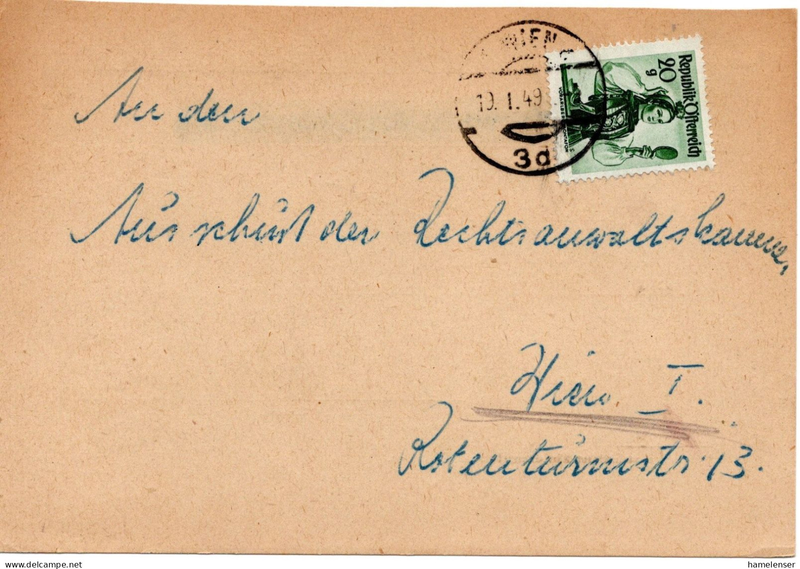 73451 - Österreich - 1949 - 20g Trachten EF A OrtsKte WIEN - Brieven En Documenten