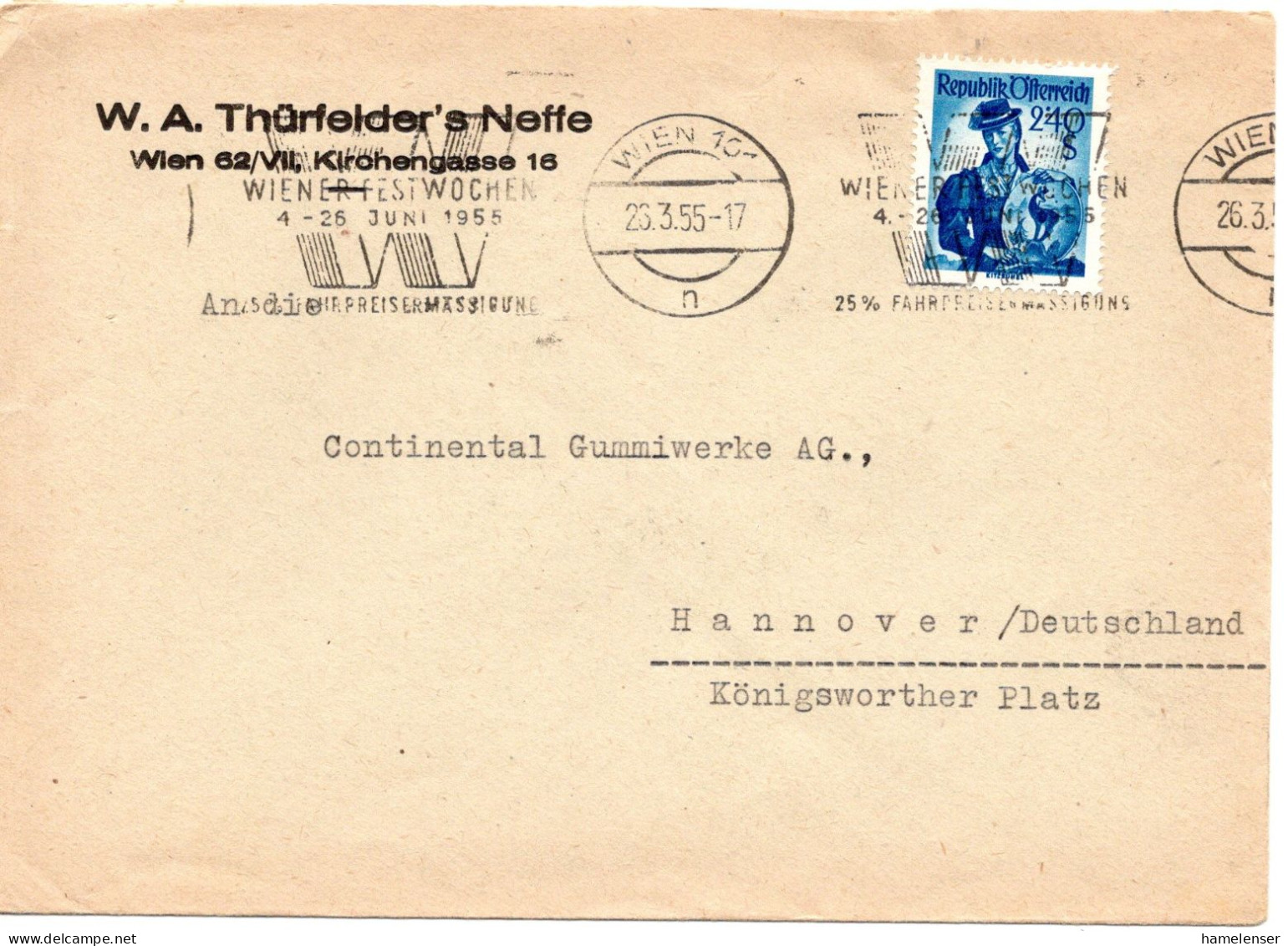 73452 - Österreich - 1955 - 2,40g Trachten EF A Bf WIEN - WIENER FESTWOCHEN ... -> Westdeutschland - Covers & Documents