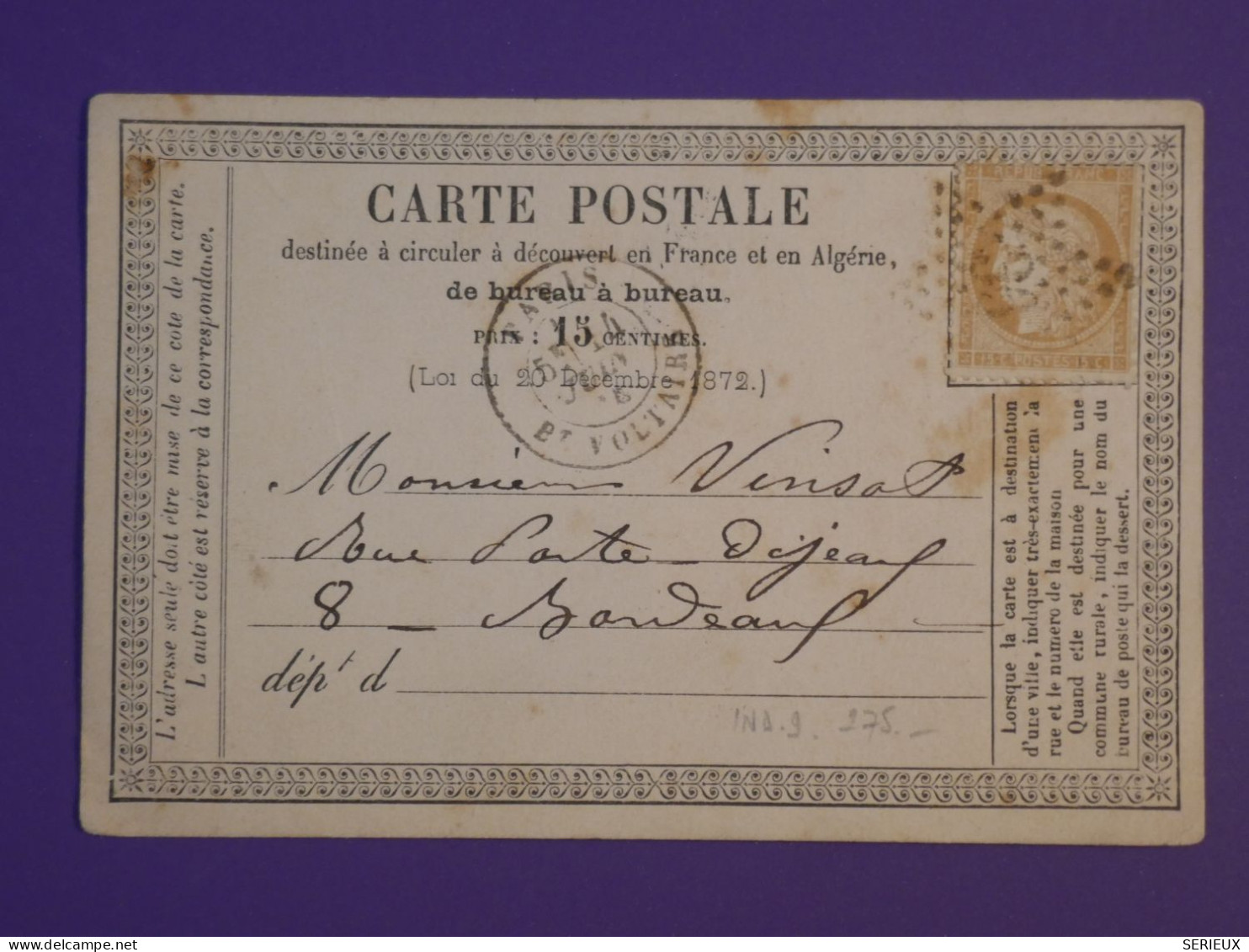 DF20 FRANCE  BELLE CARTE  1874 ETOILE DE PARIS N°36  A  BORDEAUX    +CERES 15C + AFF. INTERESSANT + - 1849-1876: Periodo Classico